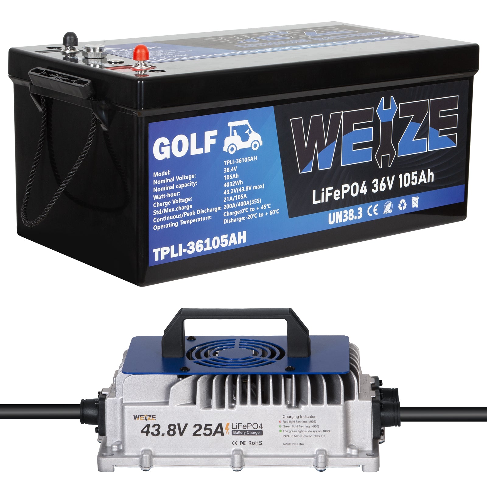 WEIZE 36V 105Ah LiFePO4 Golf Cart Battery: 4032Wh Bluetooth Lithium, 8000+ Cycles, 200A BMS, 10-Year Warranty, Includes Charger